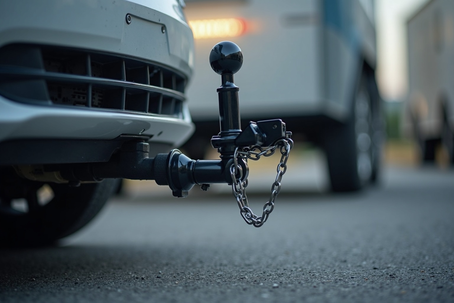 PKW mit Anhänger beim Rangieren auf einem leeren Parkplatz