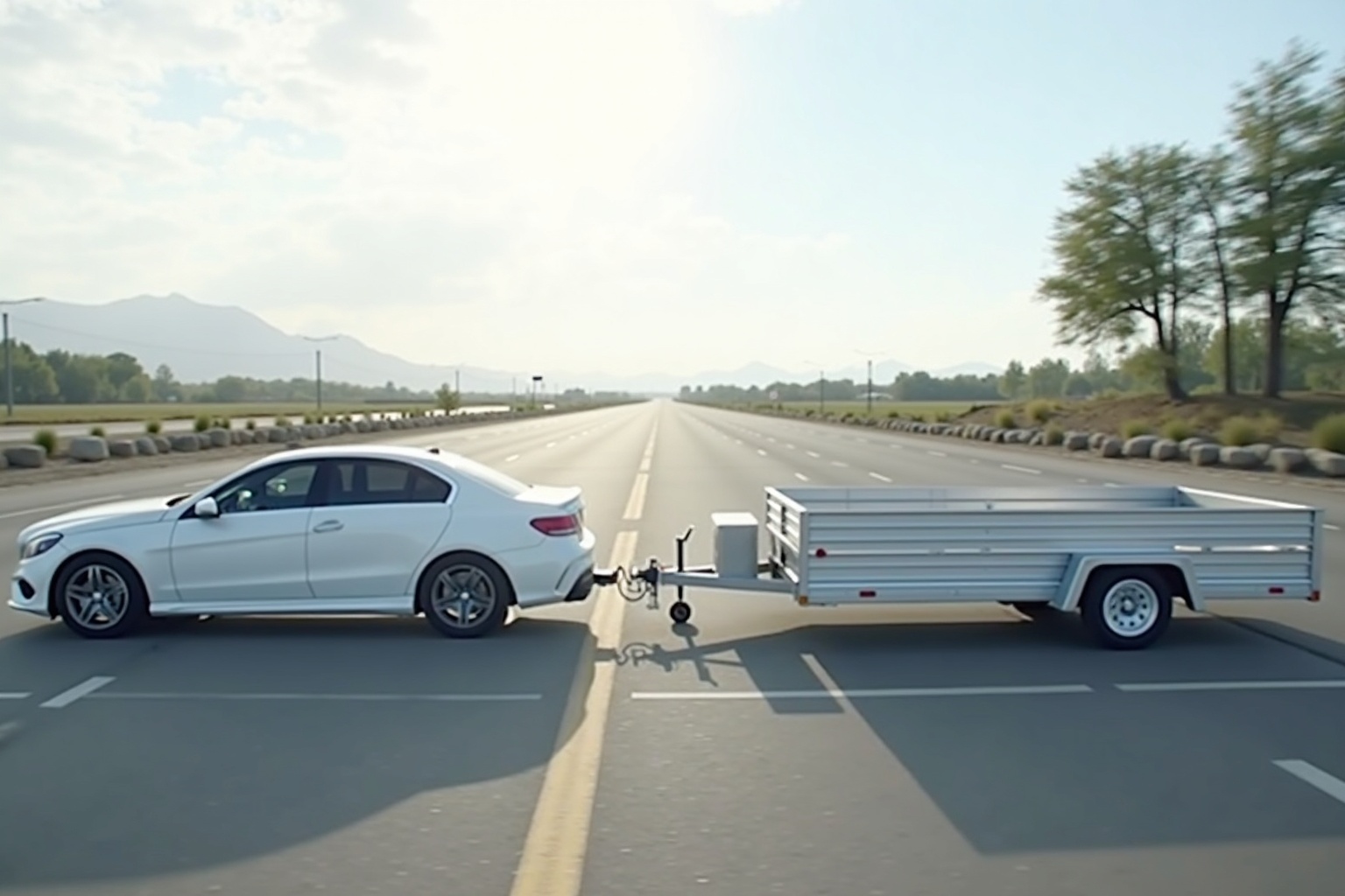 PKW mit Anhänger auf einer Landstraße im Sommer