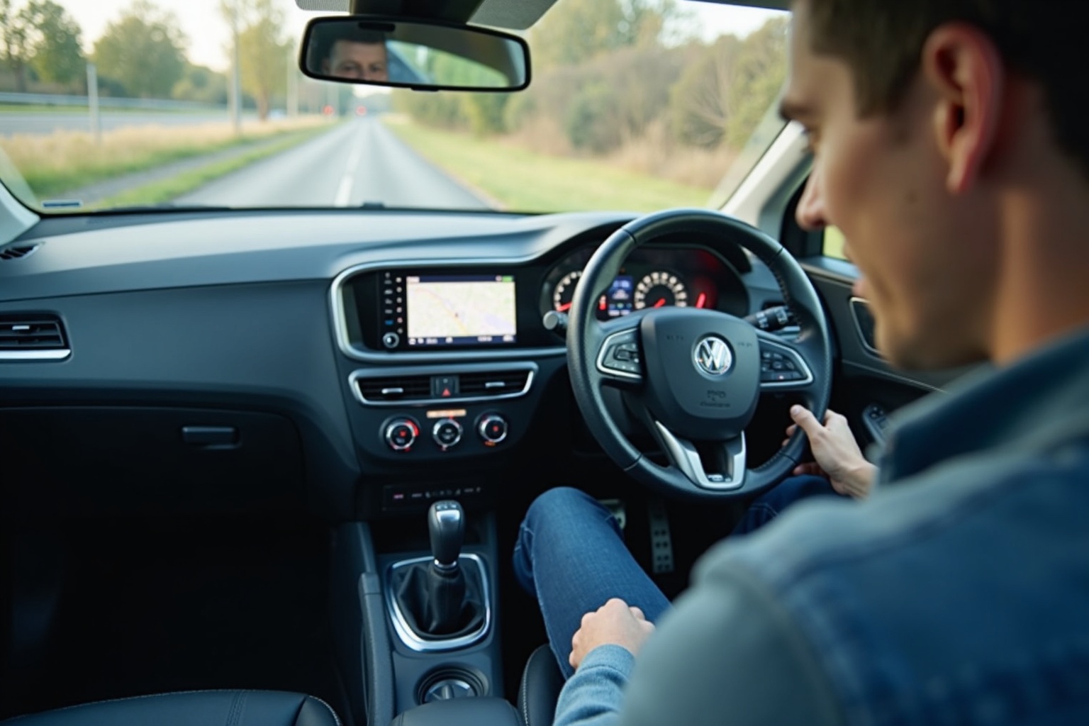Fahrlehrer erklärt einer Fahrschülerin etwas am Steuer eines Fahrschulautos