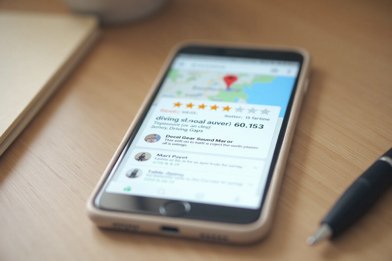 Smartphone zeigt Google-Bewertungen einer Fahrschule mit Sternen