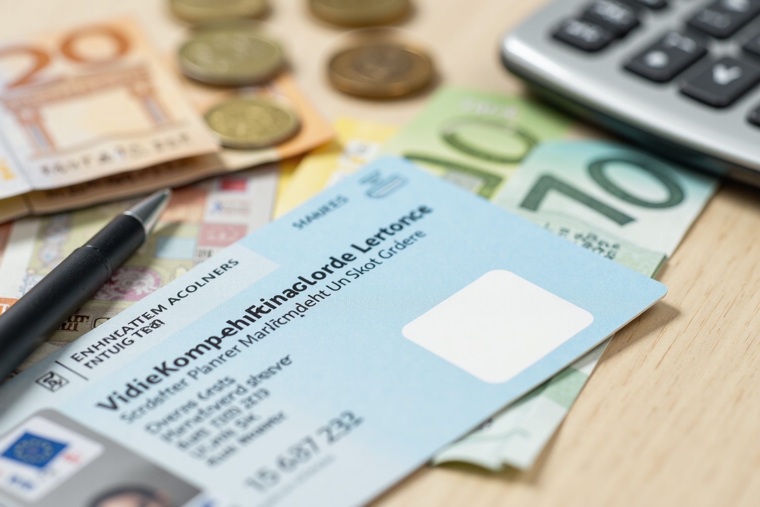 Taschenrechner neben Fahrschulunterlagen und Geldscheinen auf einem Tisch