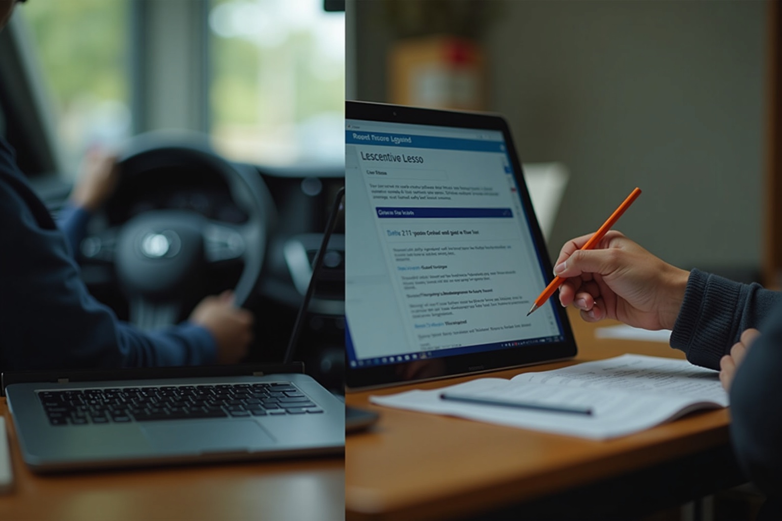 Geteiltes Bild: Links Laptop mit Online-Theorieunterricht, rechts Fahrschul-Klassenraum