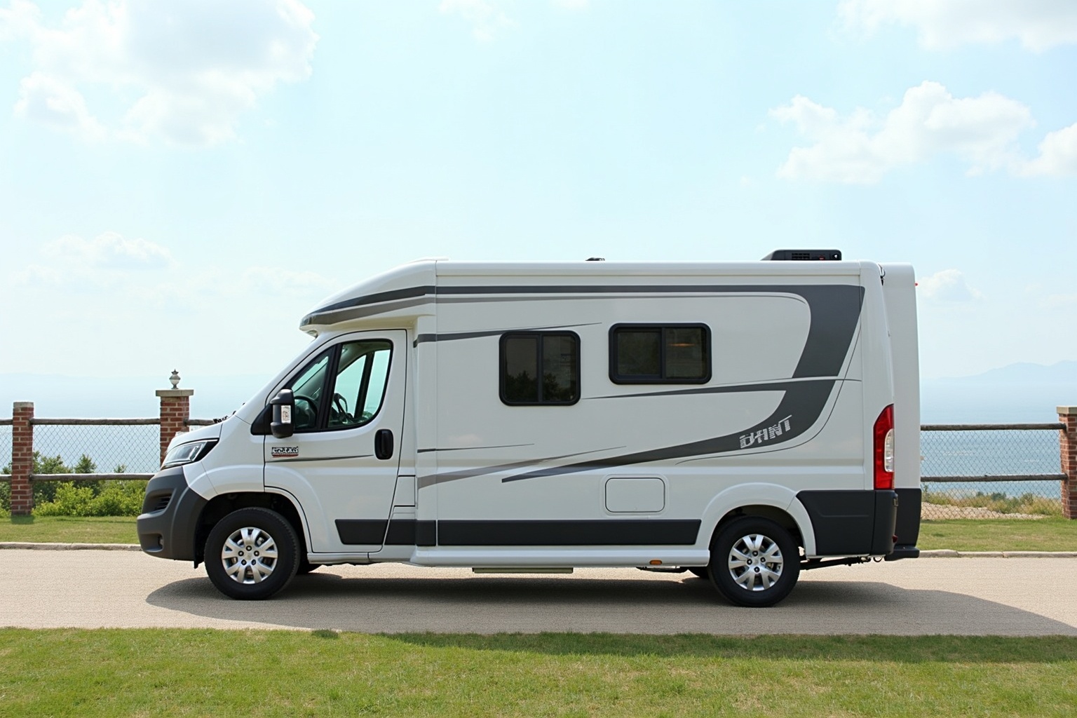 Weißes Wohnmobil auf einem Stellplatz mit Bergen im Hintergrund